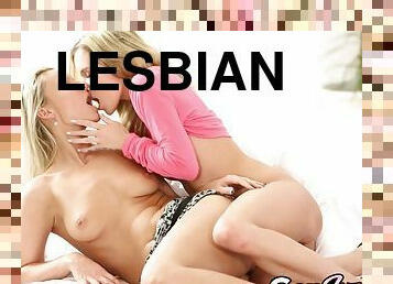 Lesbian babes Angel Piaff and Samantha Jolie share a dildo and fuck each other with it till orgasm