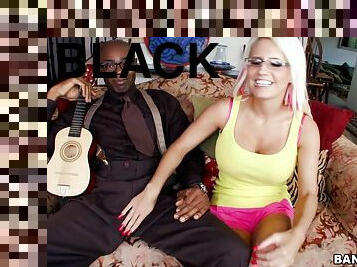 Blonde hottie Jacky Joy takes a huge black cock in her mouth