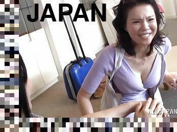 Horny Japanese wife spreads her legs to ride in cowgirl on the bed