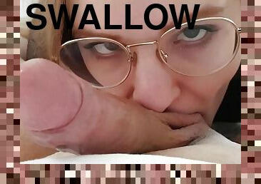 Nerdy babe swallows for the first time POV