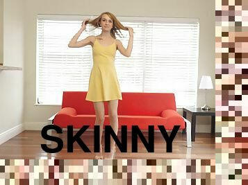 Skinny amateur Kristy drops her yellow dress to masturbate