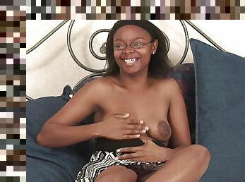 solo ebony model with glasses takes off her clothes to masturbate