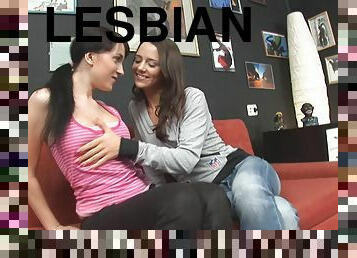 Lesbo babes enjoy licking their pussies and assholes on the sofa