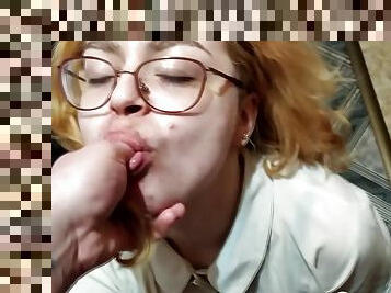 Nerdy redhead loves munching a hard shaft