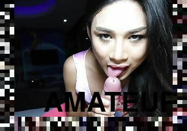 Amateur asian shemale Nonny swallows that thick pink dickhead.