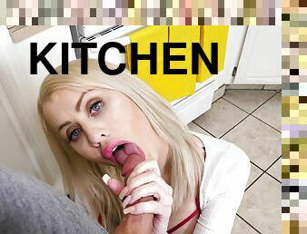 Seasoned snatch Katio Monroe on her knees blowing a cock in the kitchen