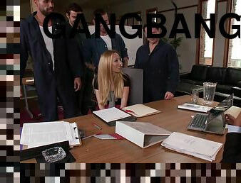Blonde secretary Emma Haize gets tied up and gangbanged in the office