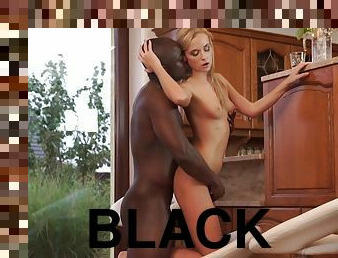 Blonde miss is happy to get in the house and meets black BF