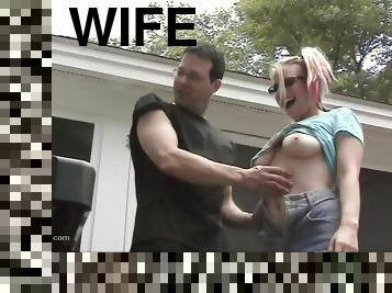 Blonde wife with pigtails humiliated and fucked from behind