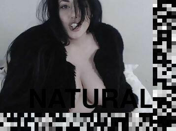 Natural huge tits brunette amateur babe wanking and licking big dildo in her black fur coat
