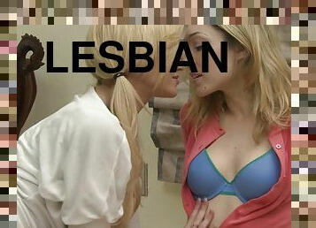 Lesbian muff diving on the bed between Lily Labeau and Angela Sommers