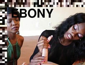 Two ebony ladies battle with one large white dick in POV video