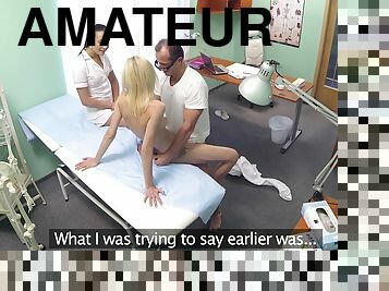 Amateur blonde patient fucked in a 3-way with a doctor and a nurse