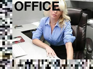 Blonde secretary loves to flash her tits and notices a pulsating boner