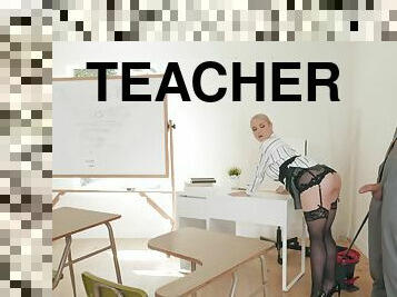 Teacher Sarah Vandella in stockings spreads her legs for a fat cock