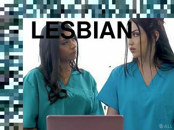 Nurses in uniform Lena Paul and Jade Baker having sex on the bed