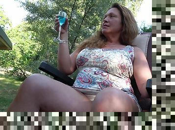 Fat granny gets fucked by two pulsating cocks in the back yard