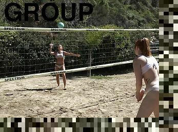 Group of friends playing volleyball decided to have massive orgy after