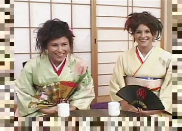 Sexy chick in kimono likes rough group sex more than anything else