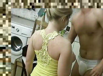 Amateur blonde banged in the kitchen