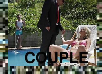 Kinky Julia Pink fucks a pool boy while her tits bounce