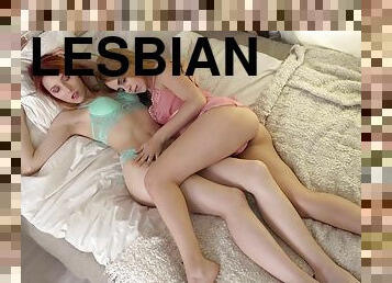 Pale slender teen lesbian couple Karry Slot and Elin Holm