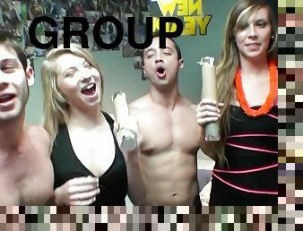 Kaylee Banks and Moriah Tyler share a cumshot at a wild college orgy