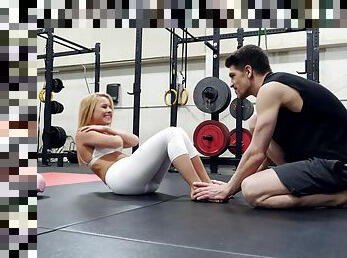 Sporty blue eyed blonde Lilly Lit sucks and rides dick in the gym