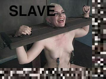 Blonde blue eyed slave girl Dresden abused while strapped in