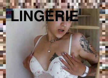 Amazing girlfriend strips off her lingerie and shows tattoos as well as her pussy