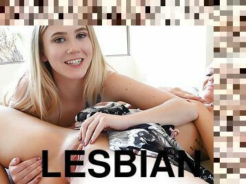 Teen blonde lesbians Sasha and Victoria eat each other out