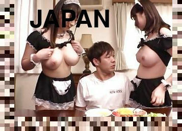 Japanese maid Takarada Monami and her girlfriend share one lucky cock