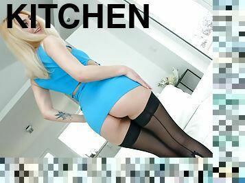 Blonde slut in stockings Luna Melba pussy and ass pounded in kitchen