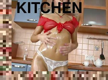 Lisa is an oiled up babe enjoying a solo session in a kitchen