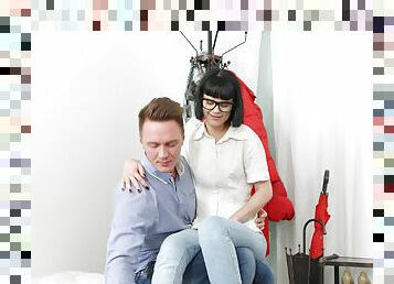 Black haired skinny Russian teen Rita Lee sucks dick in glasses