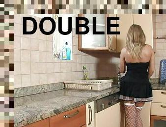 Pornstar in stockings Stacy Silver double penetrated in the kitchen