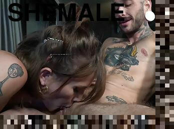 Tattooed and pierced MTF TS sucks shemale cock and gets licked