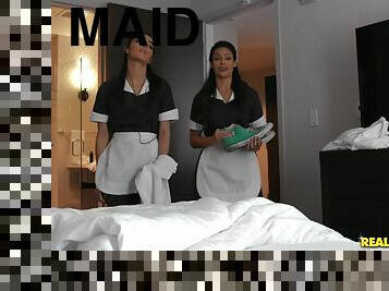 Maids Katana Kombat and Emily Willis share their bosses hard cock