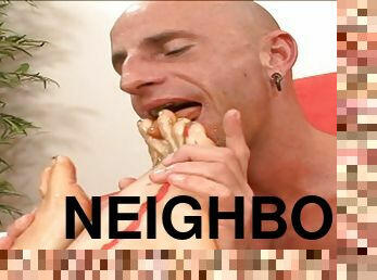 Blonde girl Myka Rain agrees to bang with a neighbor in various poses