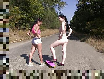 Outdoor lesbian pussy play with toys with two sporty teen babes