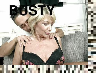 Busty mature granny Rosemary gets a huge cum shot on her tits