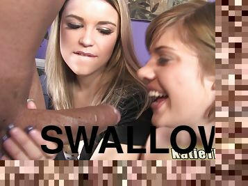 Haileey James and Katie Thomas swallow cum in an interracial foursome