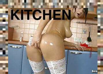 Oily kitchen striptease by tempting Joselyn before masturbation