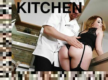 Misha Cross gets her knees dirty for a fellatio in the kitchen