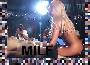 hot blonde big boob Milf gives a extreme hot lapdance on public sex fair show stage