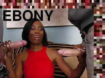 Ebony precious Ivory Logan takes off her red dress and fucks two guys