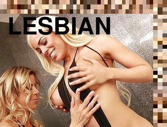 Bimbo in fishnets Luna Star toyed by a lesbian stunner tirelessly