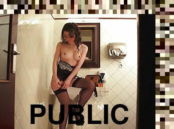 Hot latina slut squirting in a public bathroom so sexy