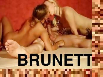 Blonde and brunette share a lucky cock