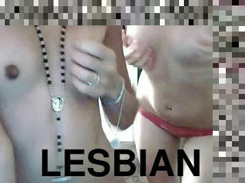 Two lesbians have fun with a webcam and start to play with each others pussies.